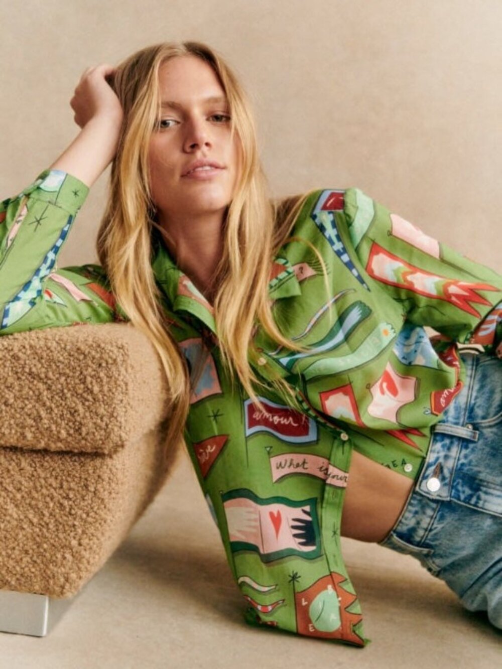SEZANE PANGEA NWT Green Flag Heart Printed Lightweight Silk Cotton Pierro Shirt